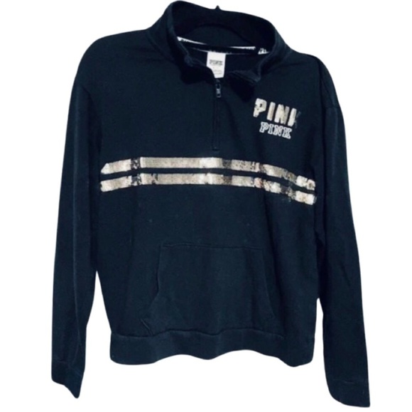 PINK by Victoria’s Secret Black Sequin Logo Spellout Quarter Zip Fleece - Picture 3 of 11